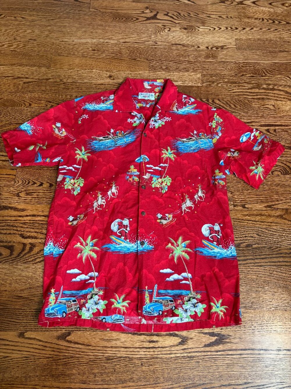 PACIFIC LEGEND COTTON HAWAIIAN SHIRT-CHRISTMAS THEME-SANTA SURFING- LARGE-USA